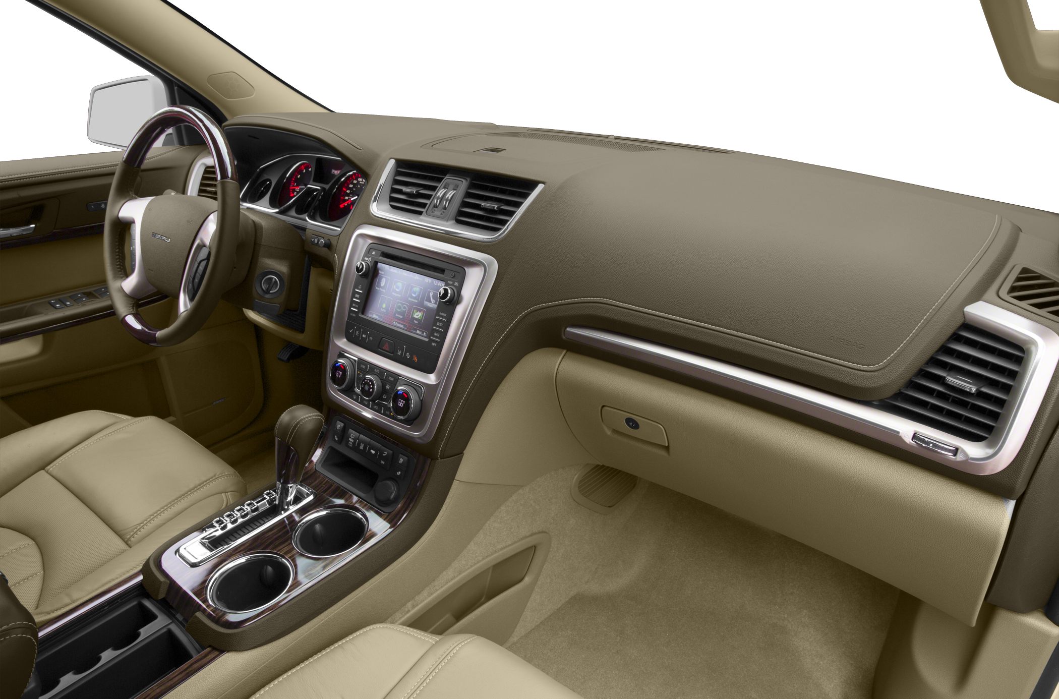 Beige leather interior with dashboard, infotainment, and center console