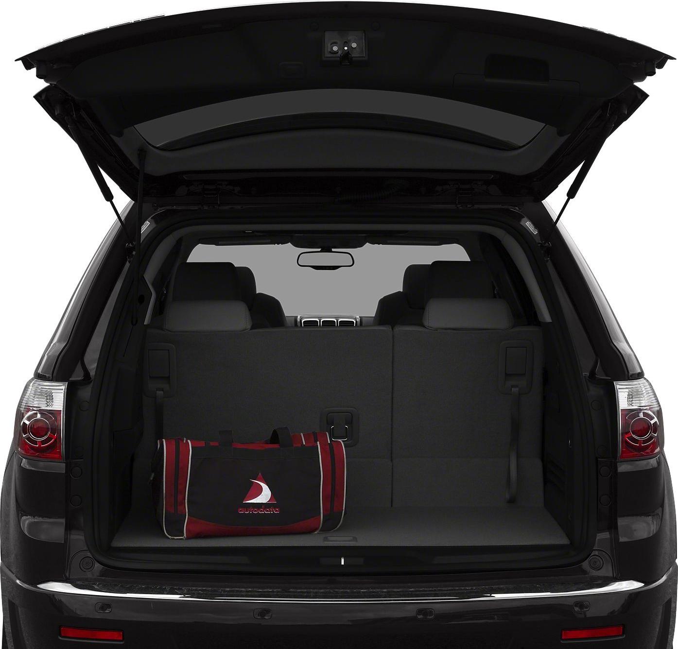 Open rear cargo space with seats and duffel bag
