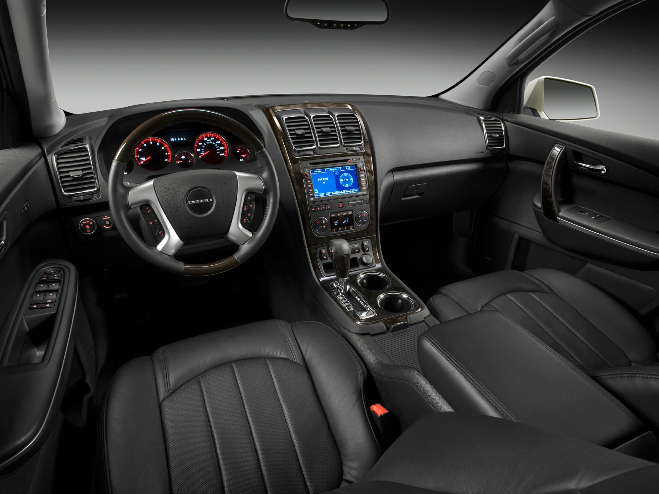 Leather steering wheel and central dashboard with control panels