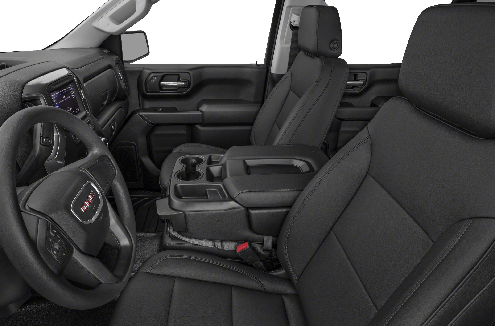 Crew cab interior with black seats, center console, and dashboard.