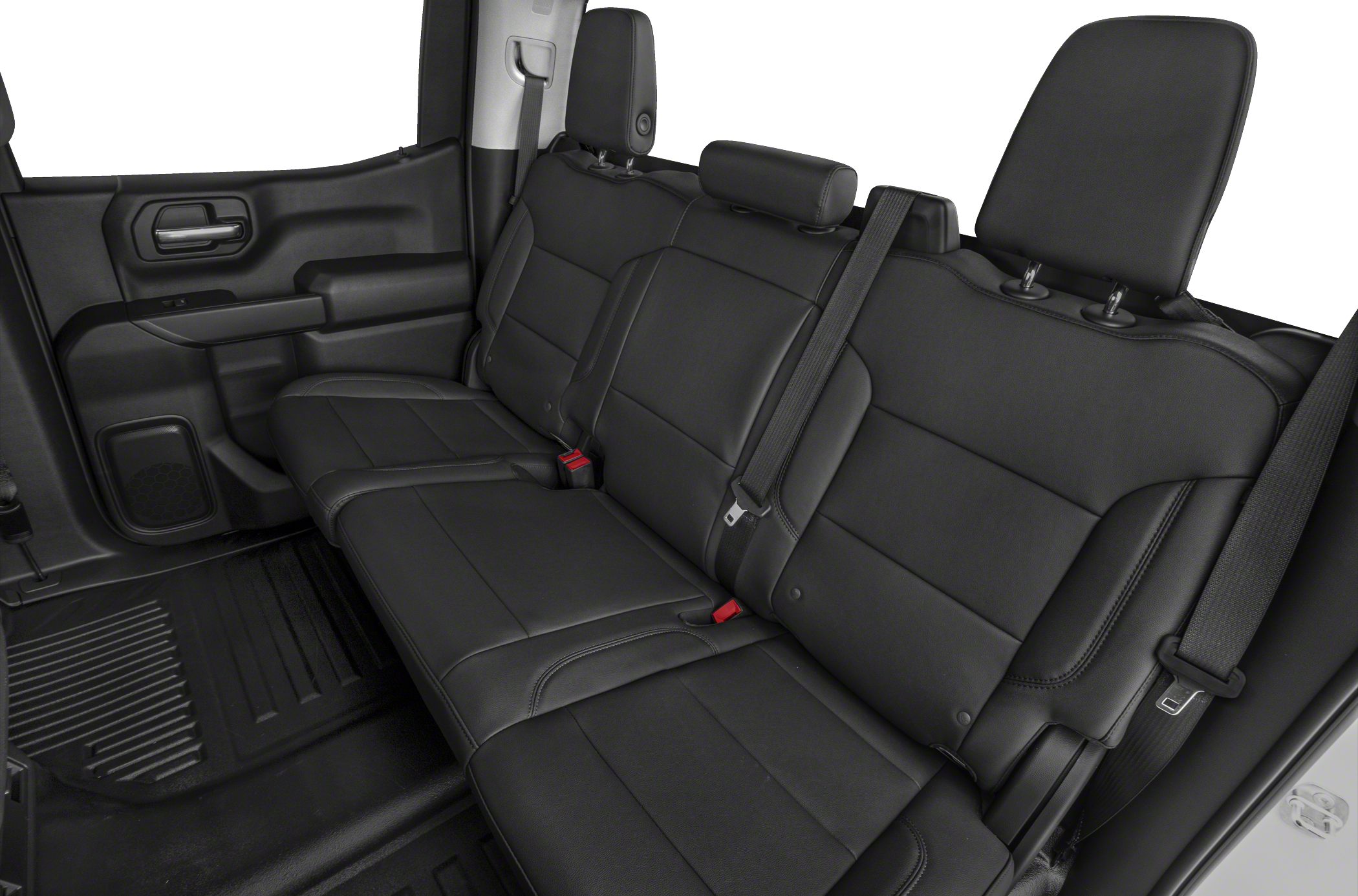 Black leather rear bench seat with headrests and seat belts