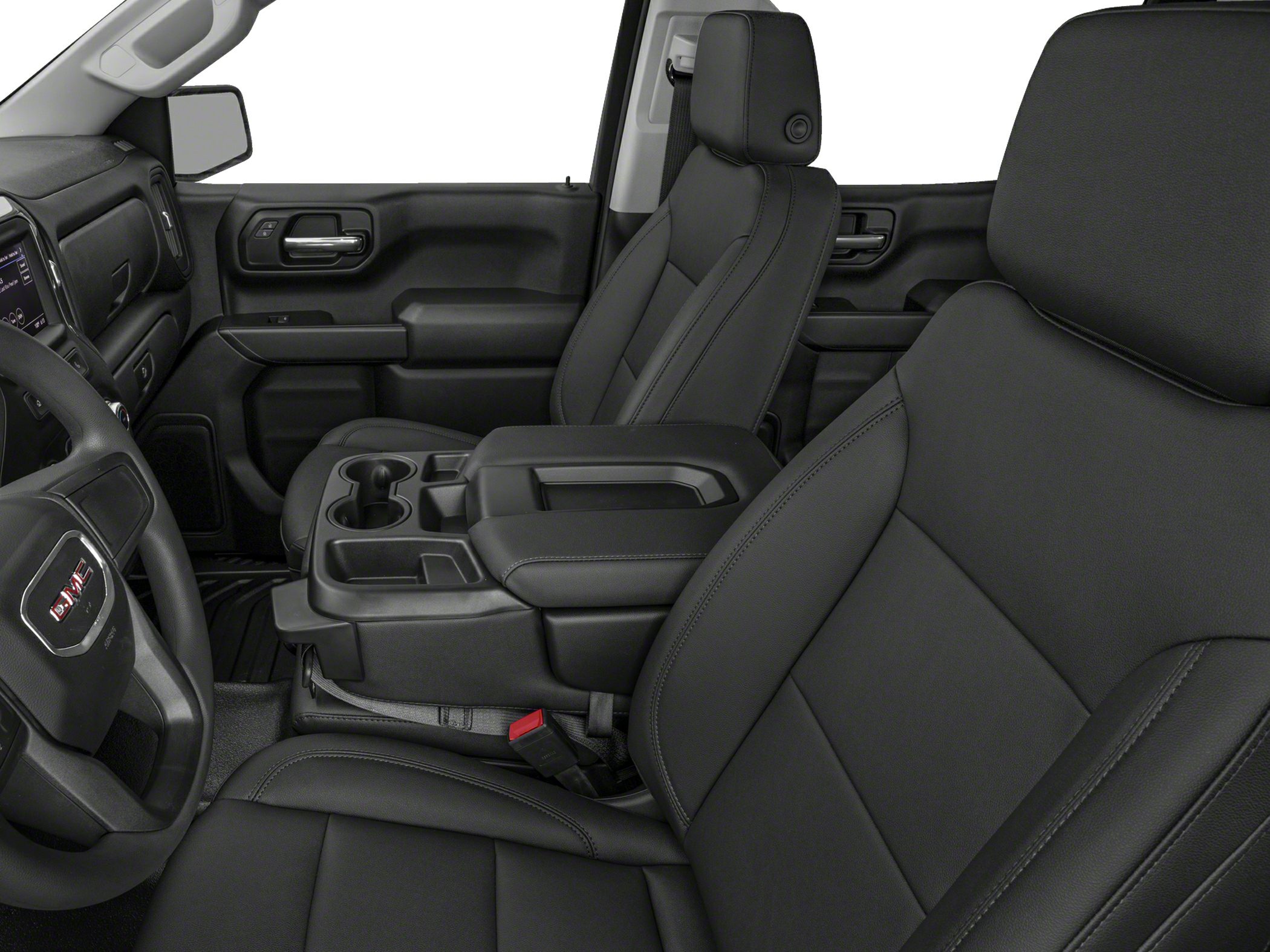 Leather seats with integrated center console and cup holders