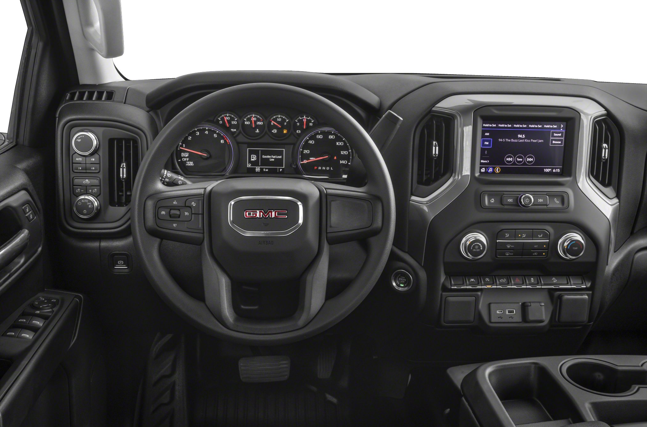 Steering wheel, dashboard, and infotainment system view