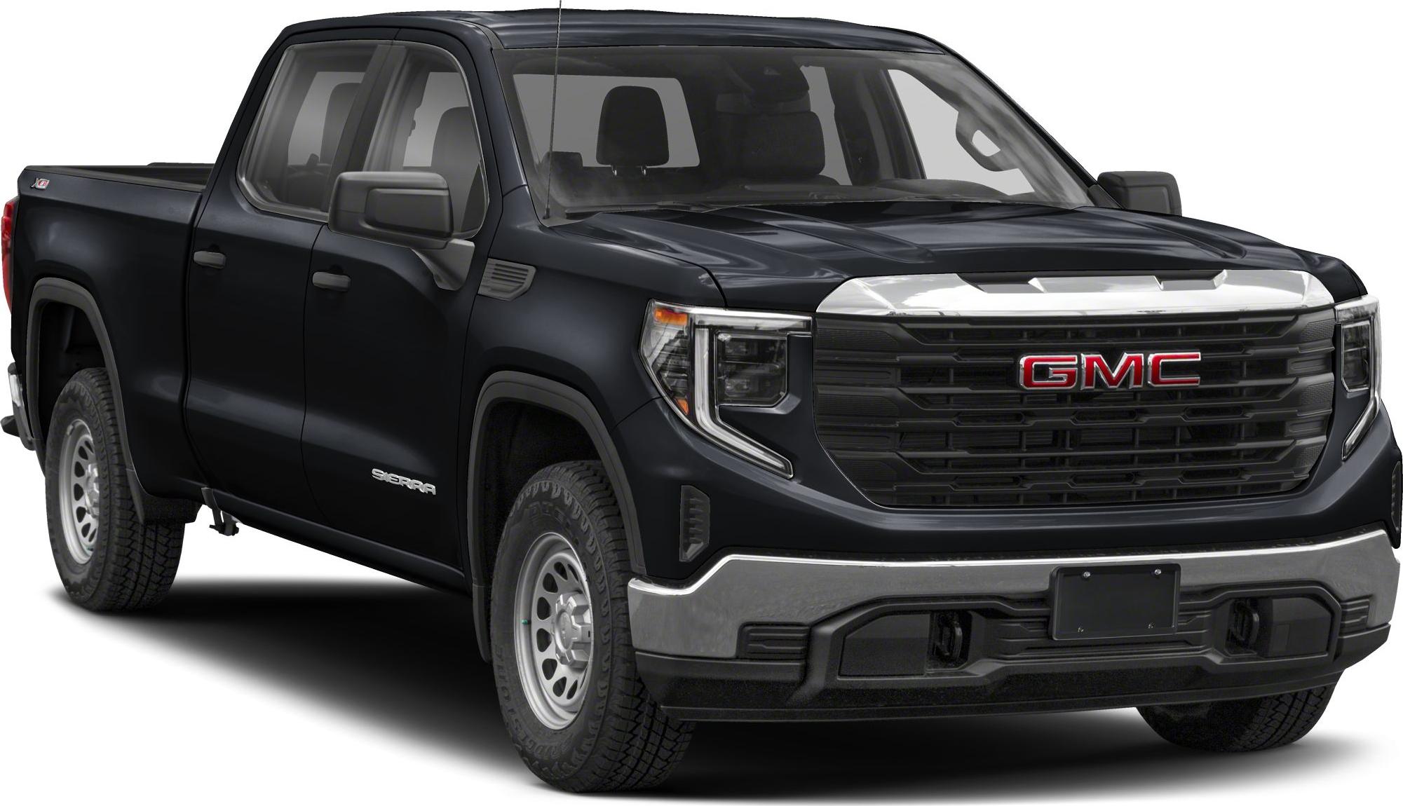 Front and side view of a black pickup truck with prominent grille and headlights