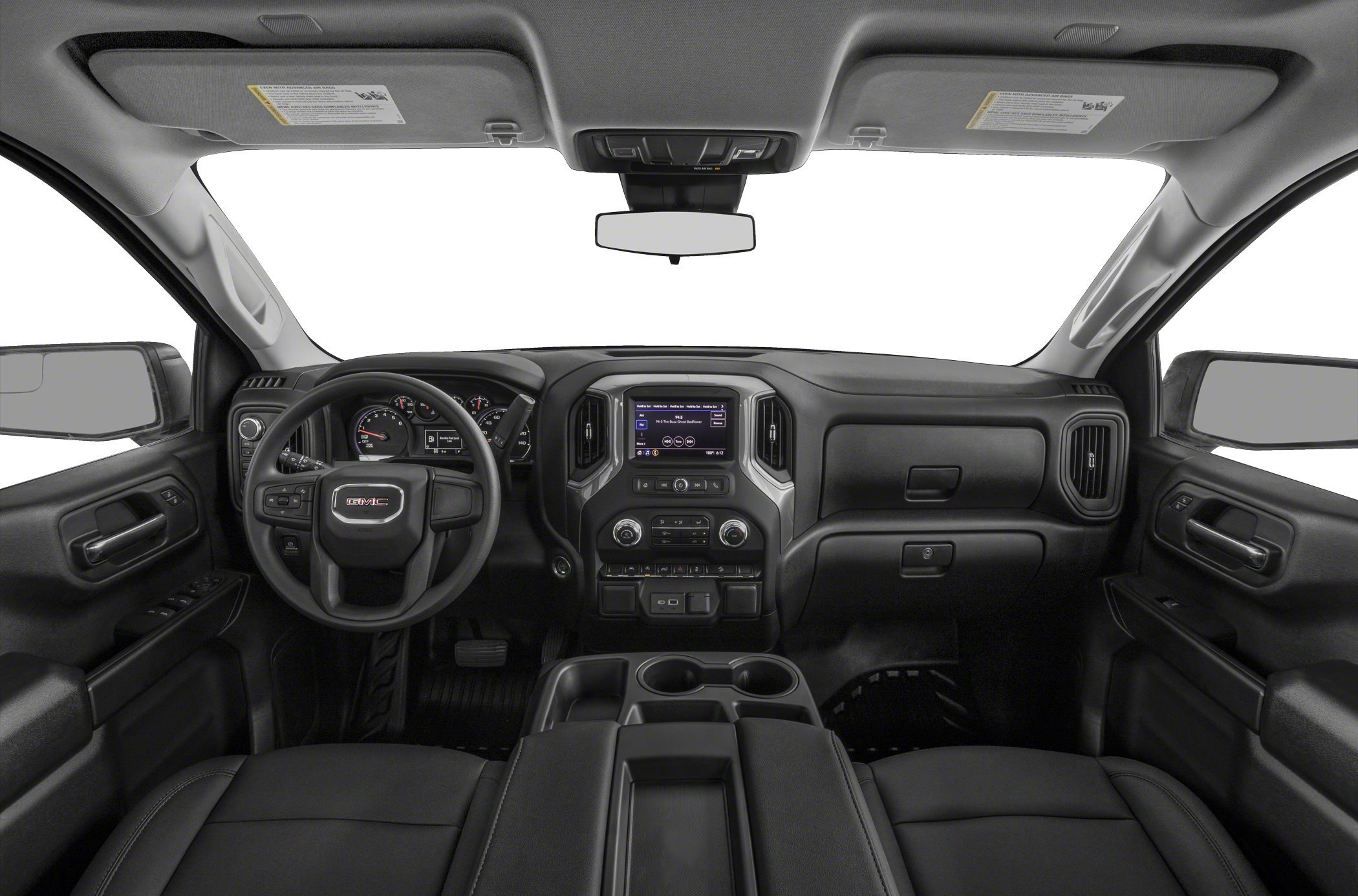 Dashboard and steering wheel with center console from a truck's interior