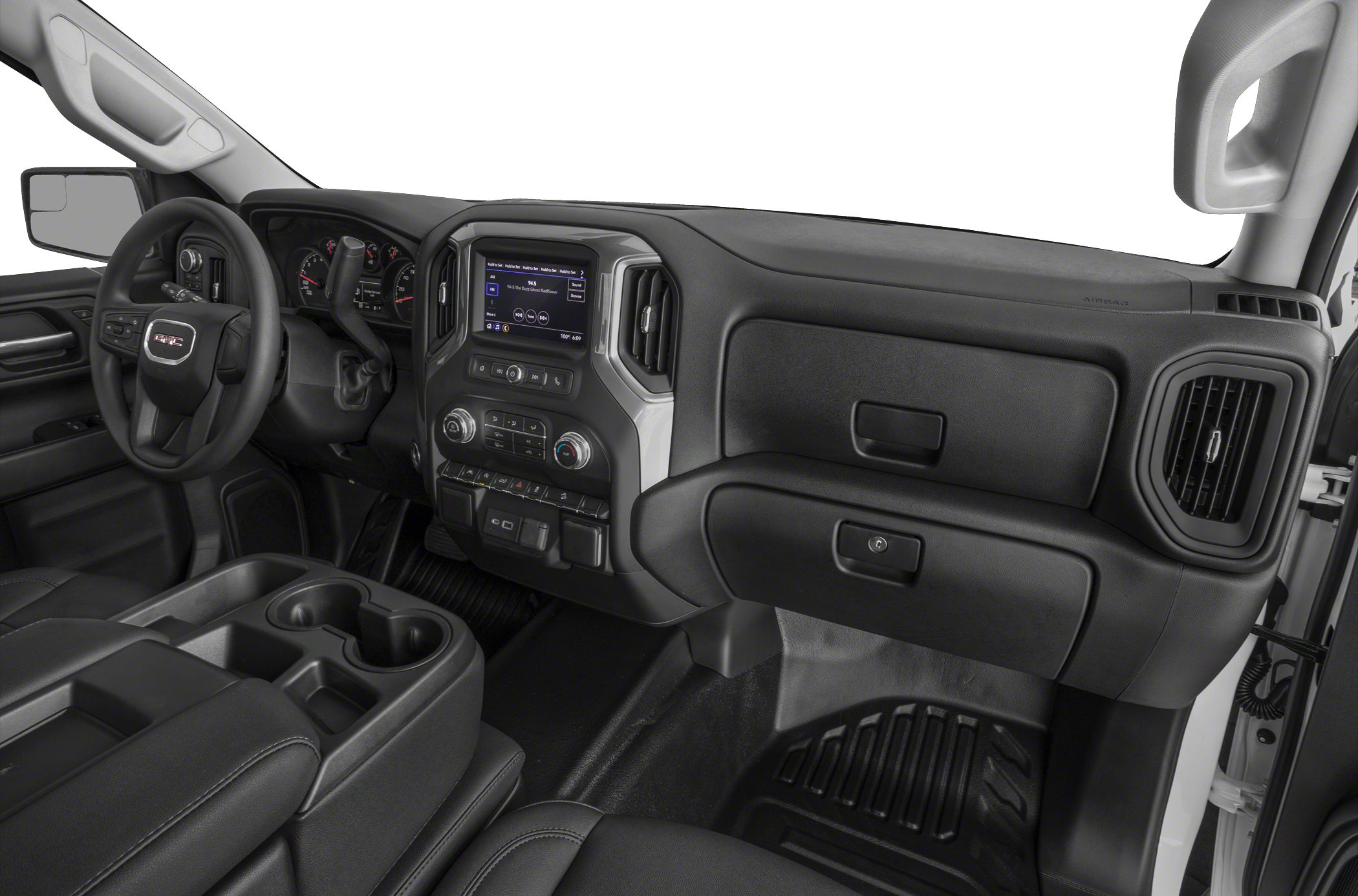 Dashboard, touchscreen infotainment, center console with cup holders