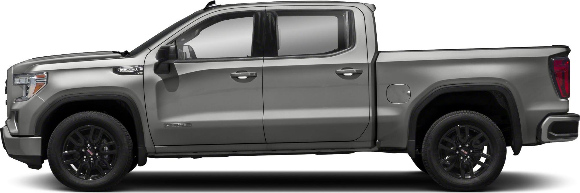 Side profile of crew cab short box pickup with black alloy wheels.