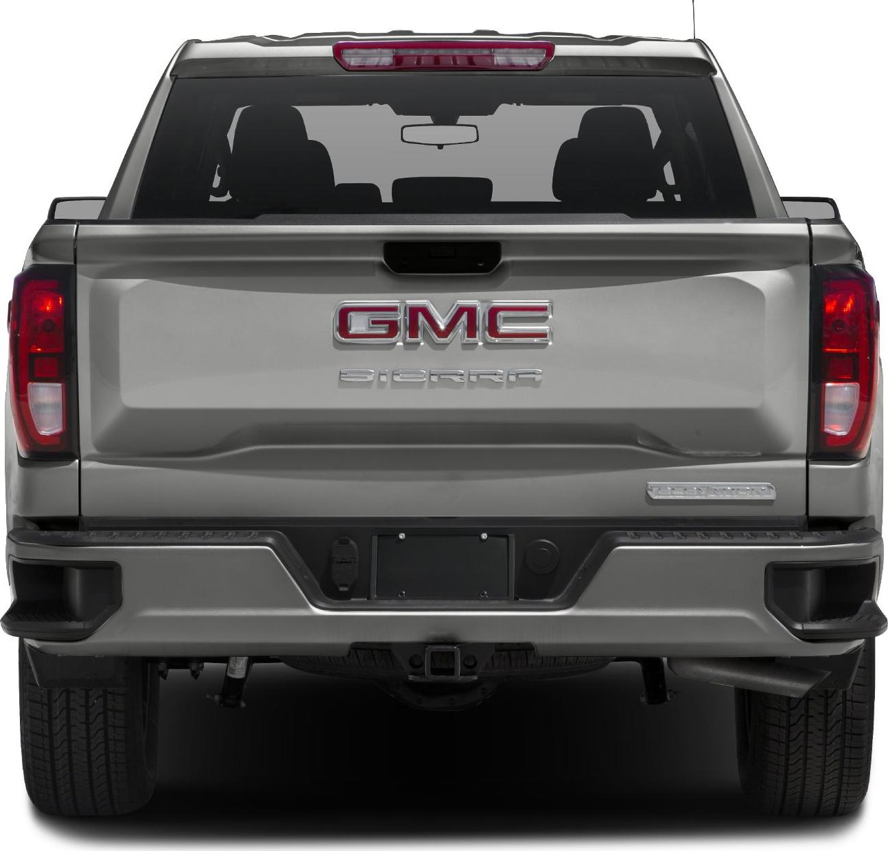 Rear view of pickup truck tailgate with taillights and bumper