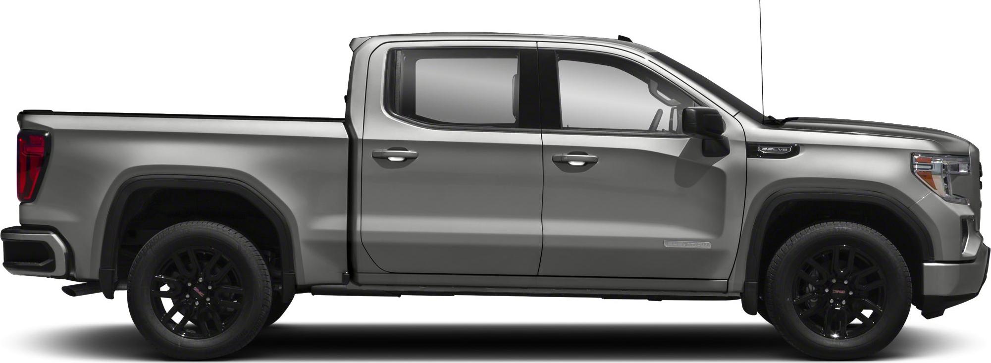 Side profile of crew cab short box pickup with black wheels