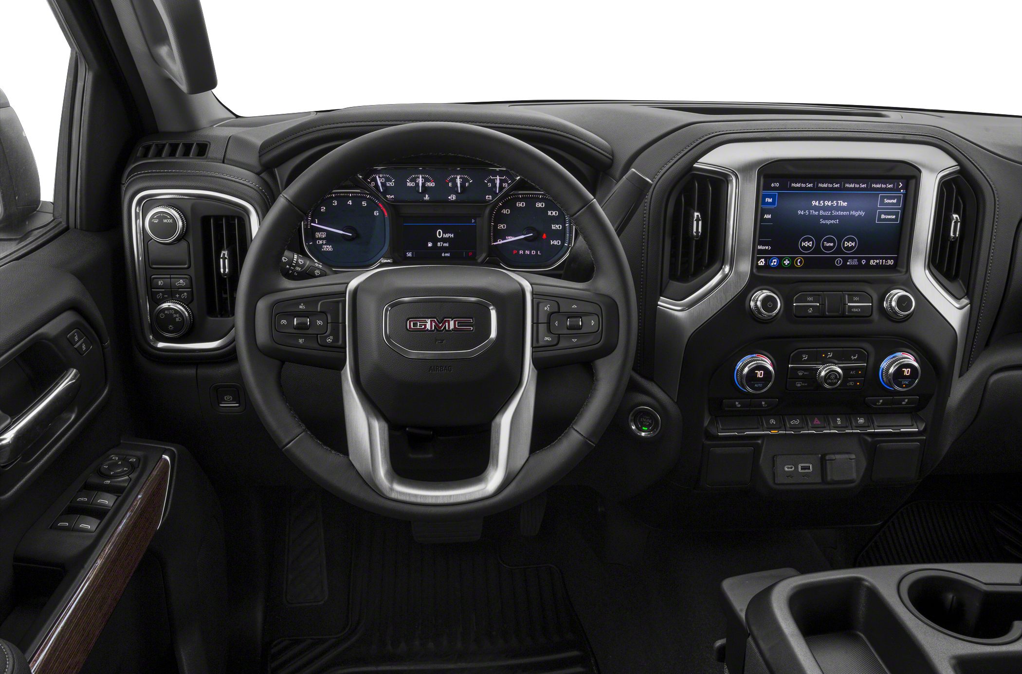 Dashboard and steering wheel with infotainment and climate controls