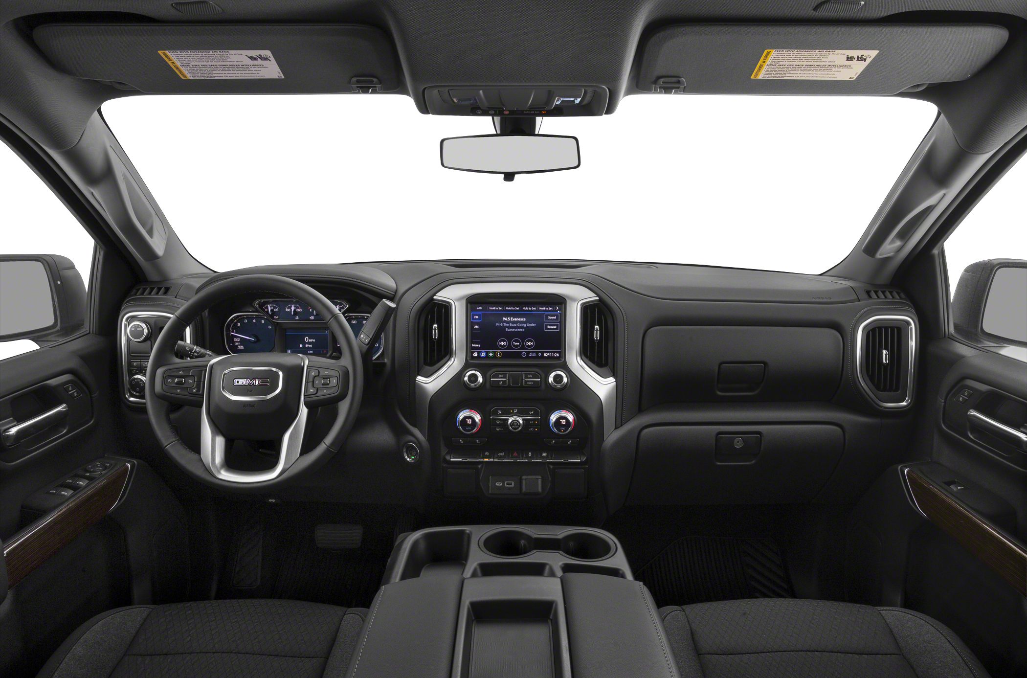 Dashboard, steering wheel, and center console with infotainment screen