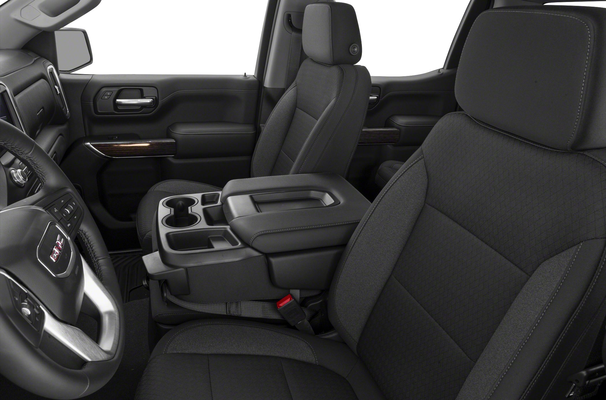 Black fabric seats and center console within truck's regular cab interior