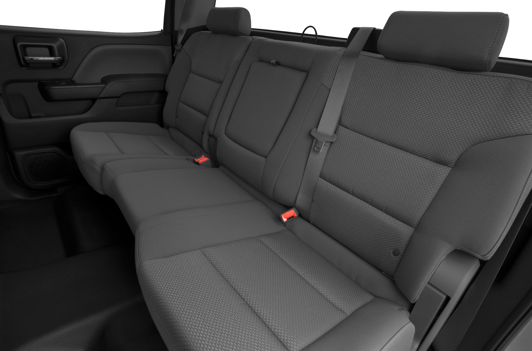 Rear fabric seats with seatbelts and door panel.