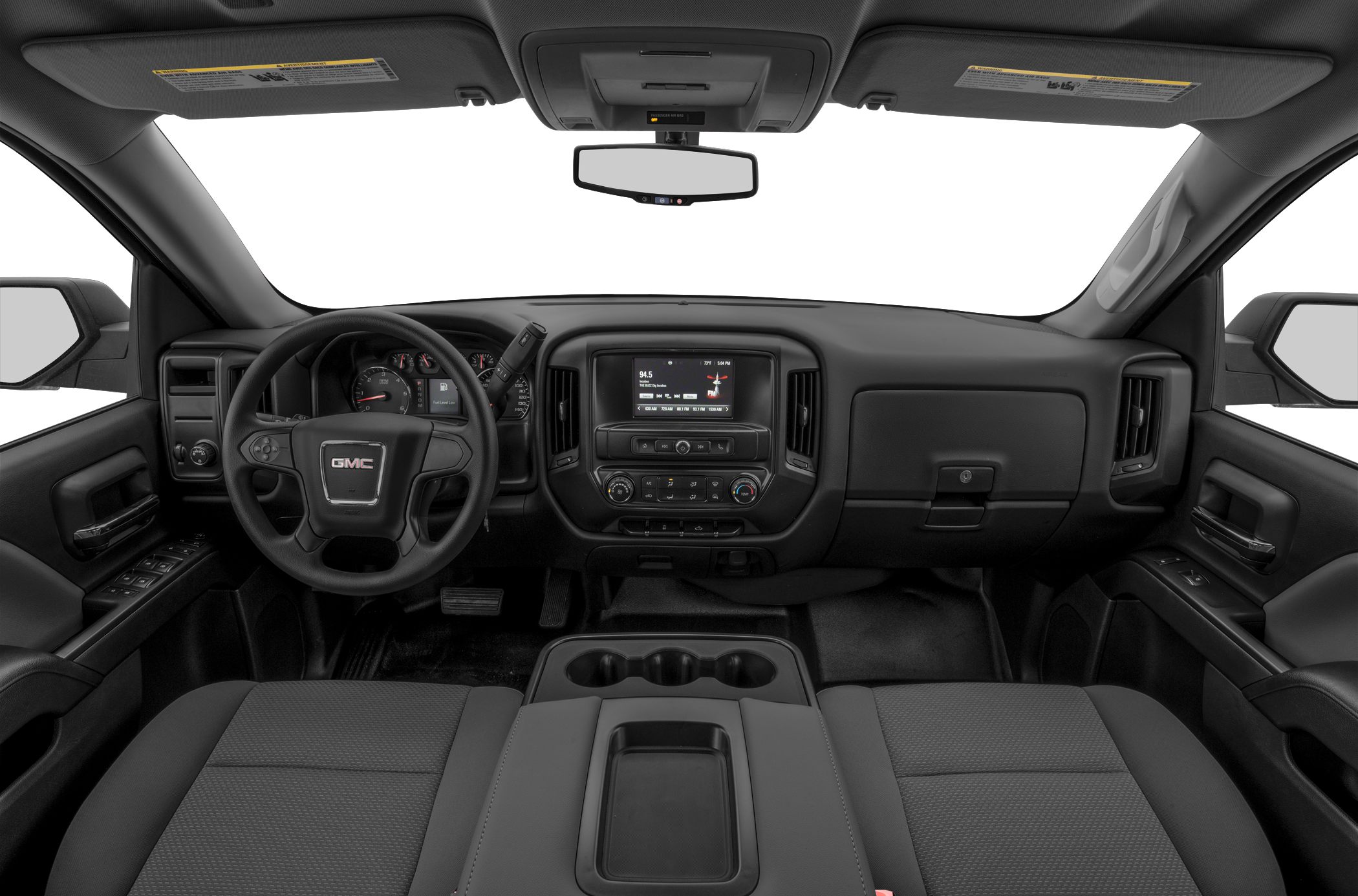 Dashboard and steering wheel with infotainment screen and center console cup holders