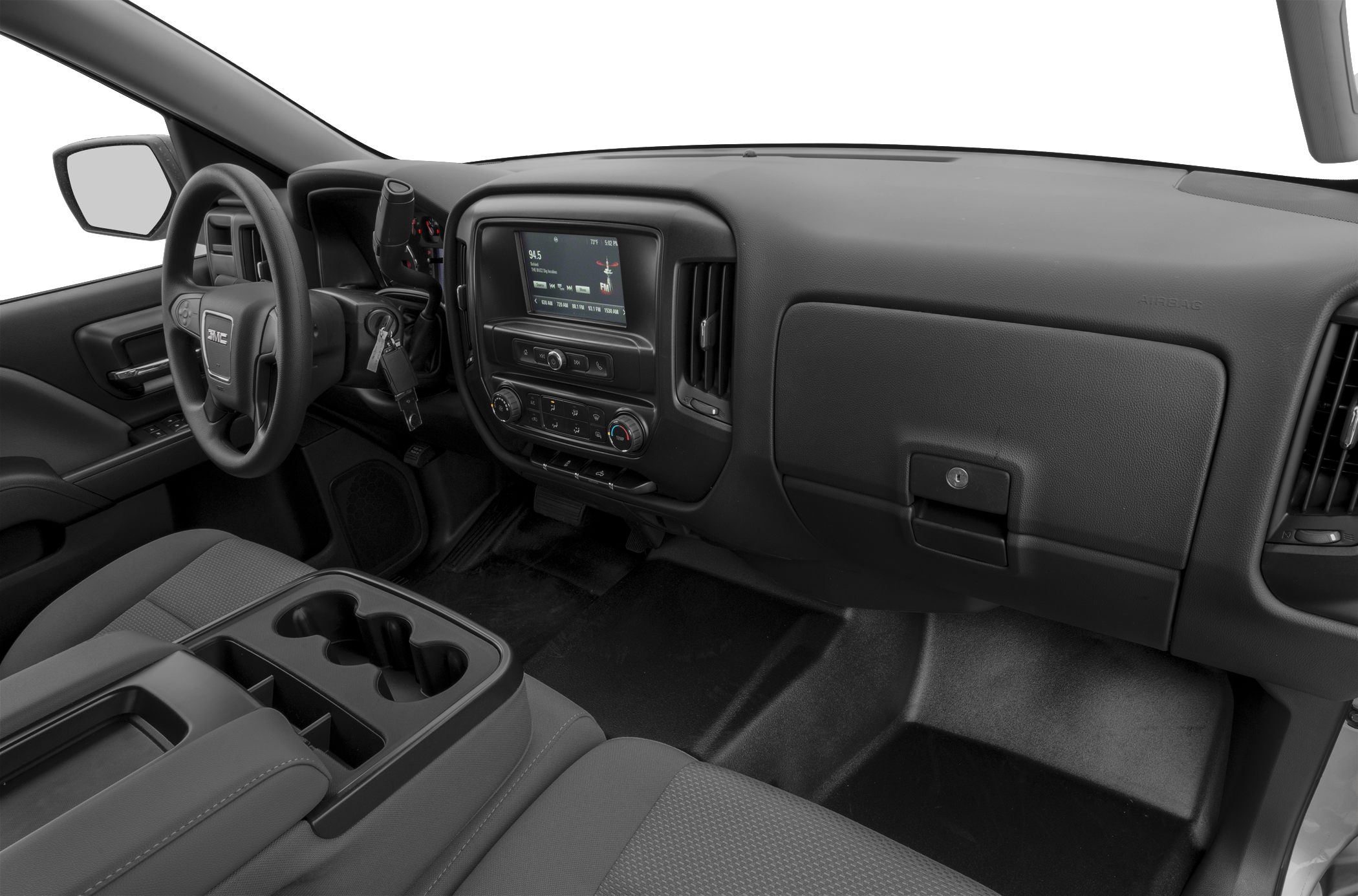 Dashboard and center console with infotainment screen and steering wheel