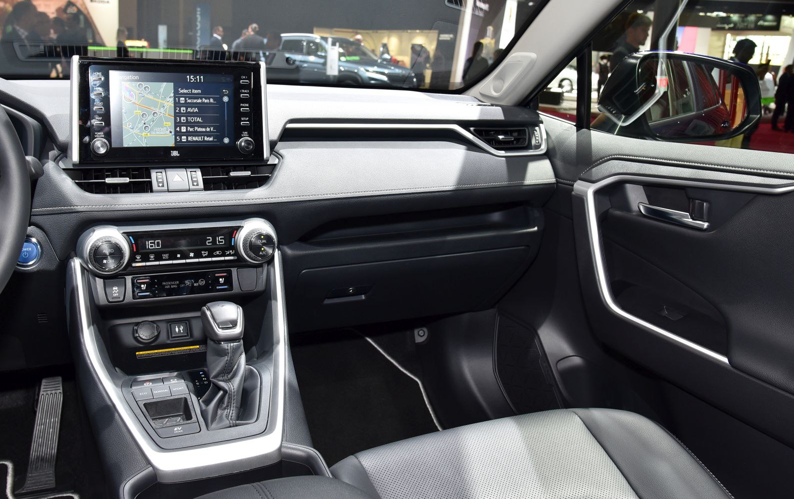 Modern interior dashboard with touchscreen and gear shift