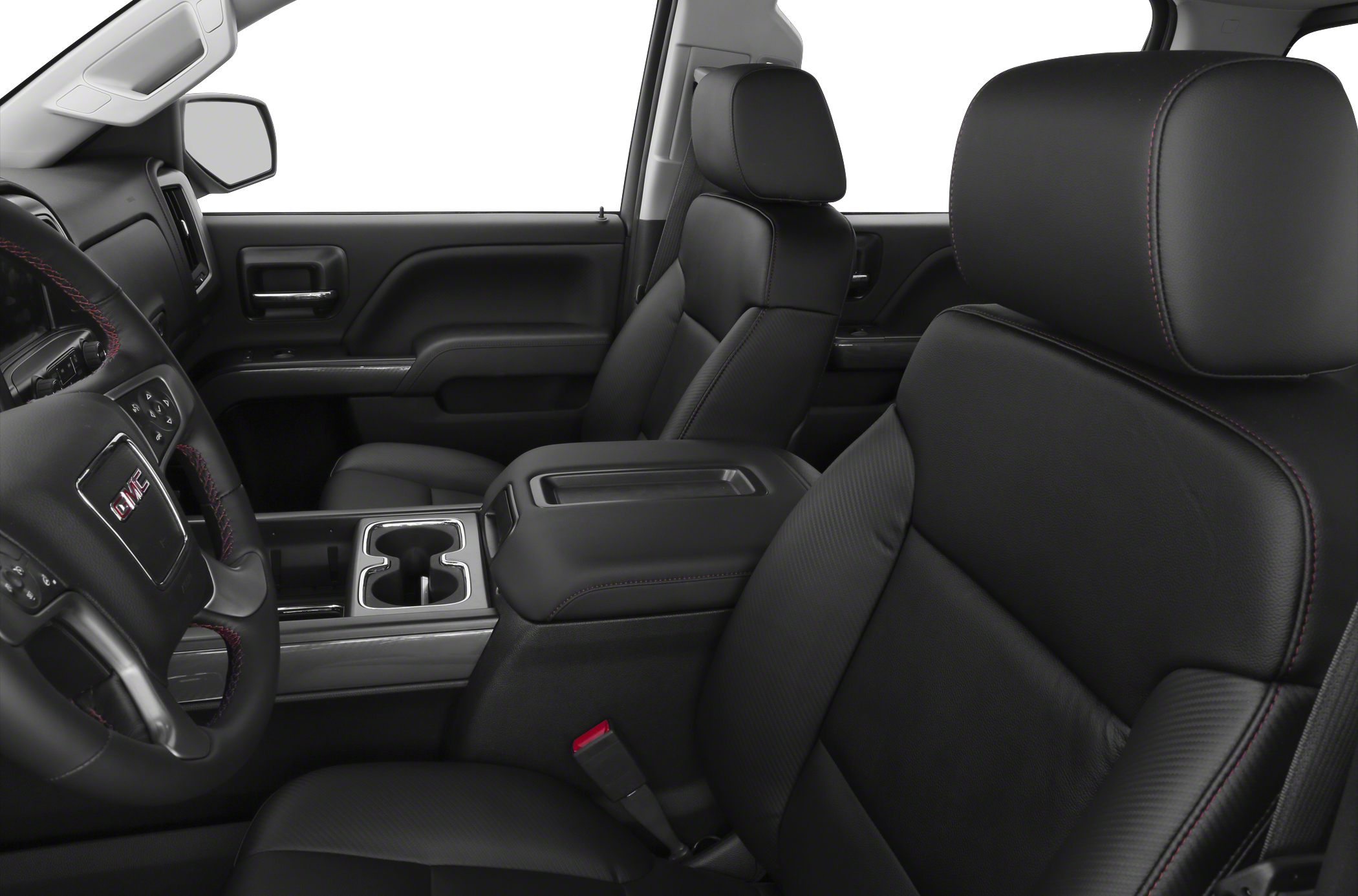 Black leather seats with red stitching and center console with cup holders