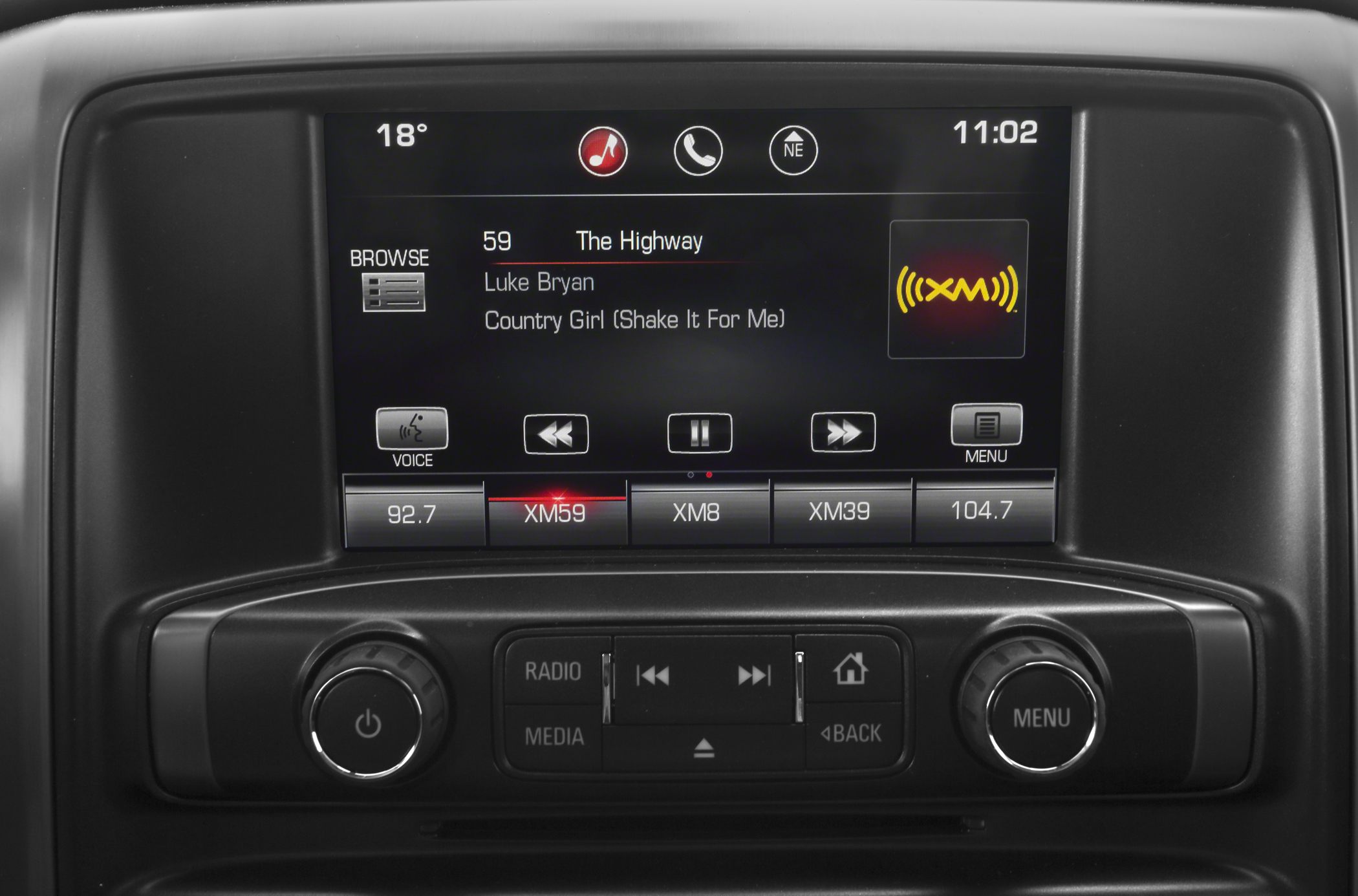 Infotainment system screen with radio and media controls