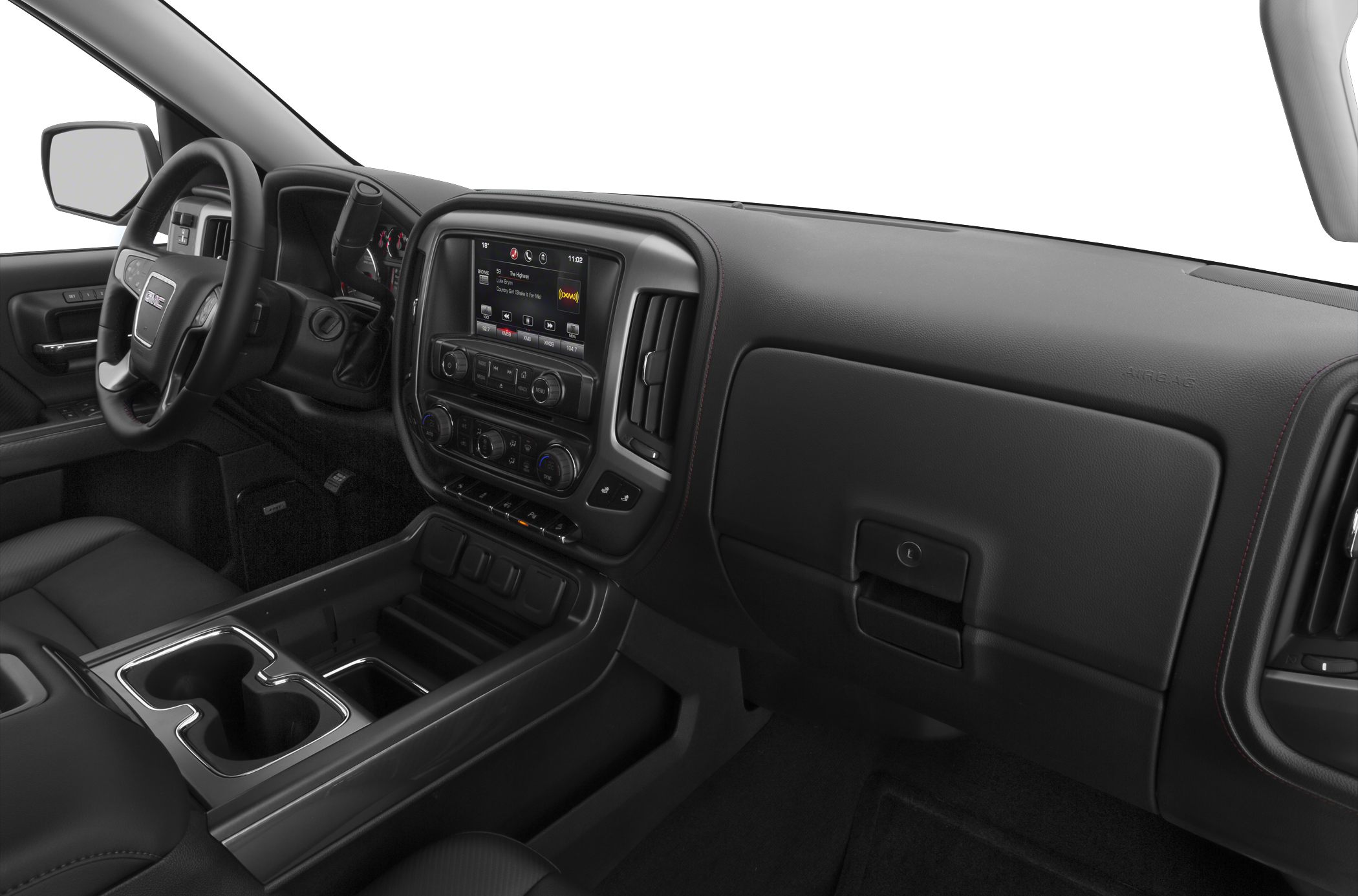 Dashboard, steering wheel, infotainment display, and center console interior features