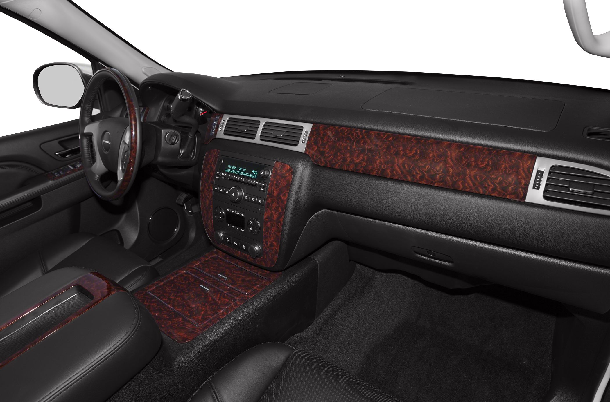 Wood grain trim dashboard and center console in truck interior