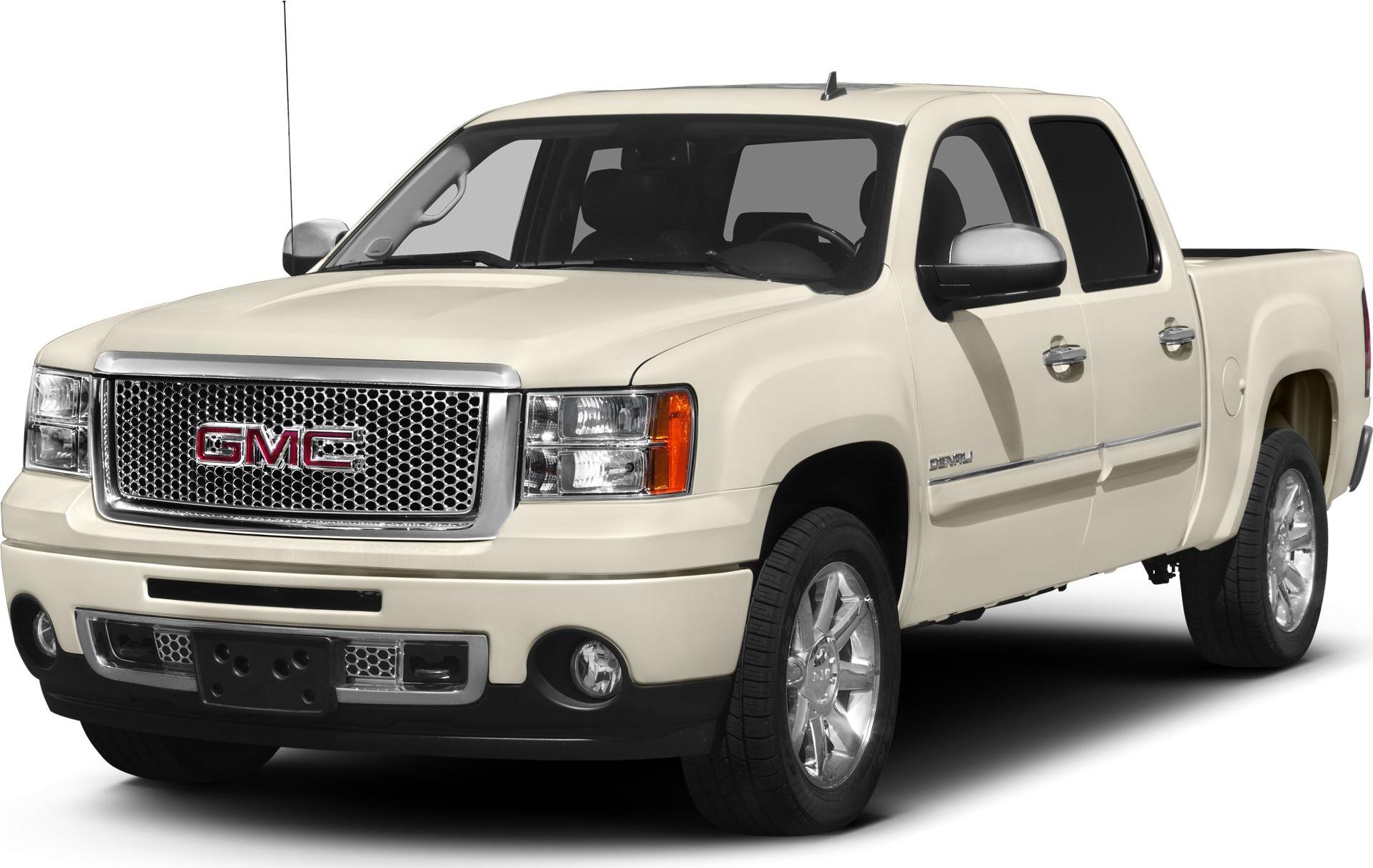 Front and side view of a white Denali pickup with chrome grille and alloy wheels