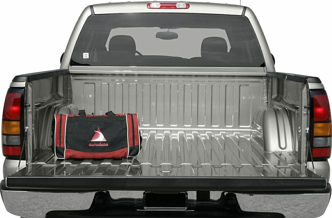Pickup truck cargo bed with metal liner and open tailgate