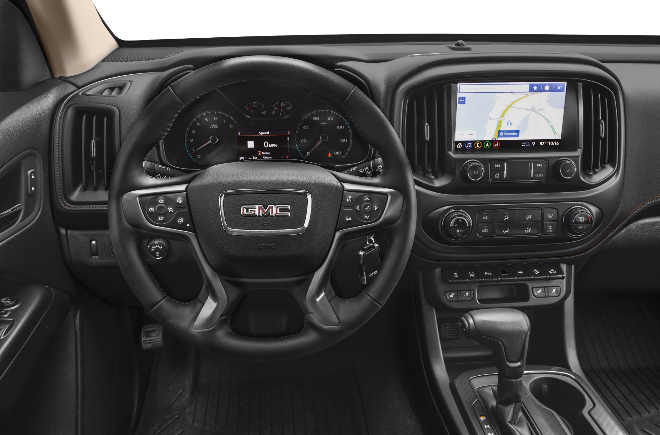 Dashboard with infotainment screen and multifunction steering wheel