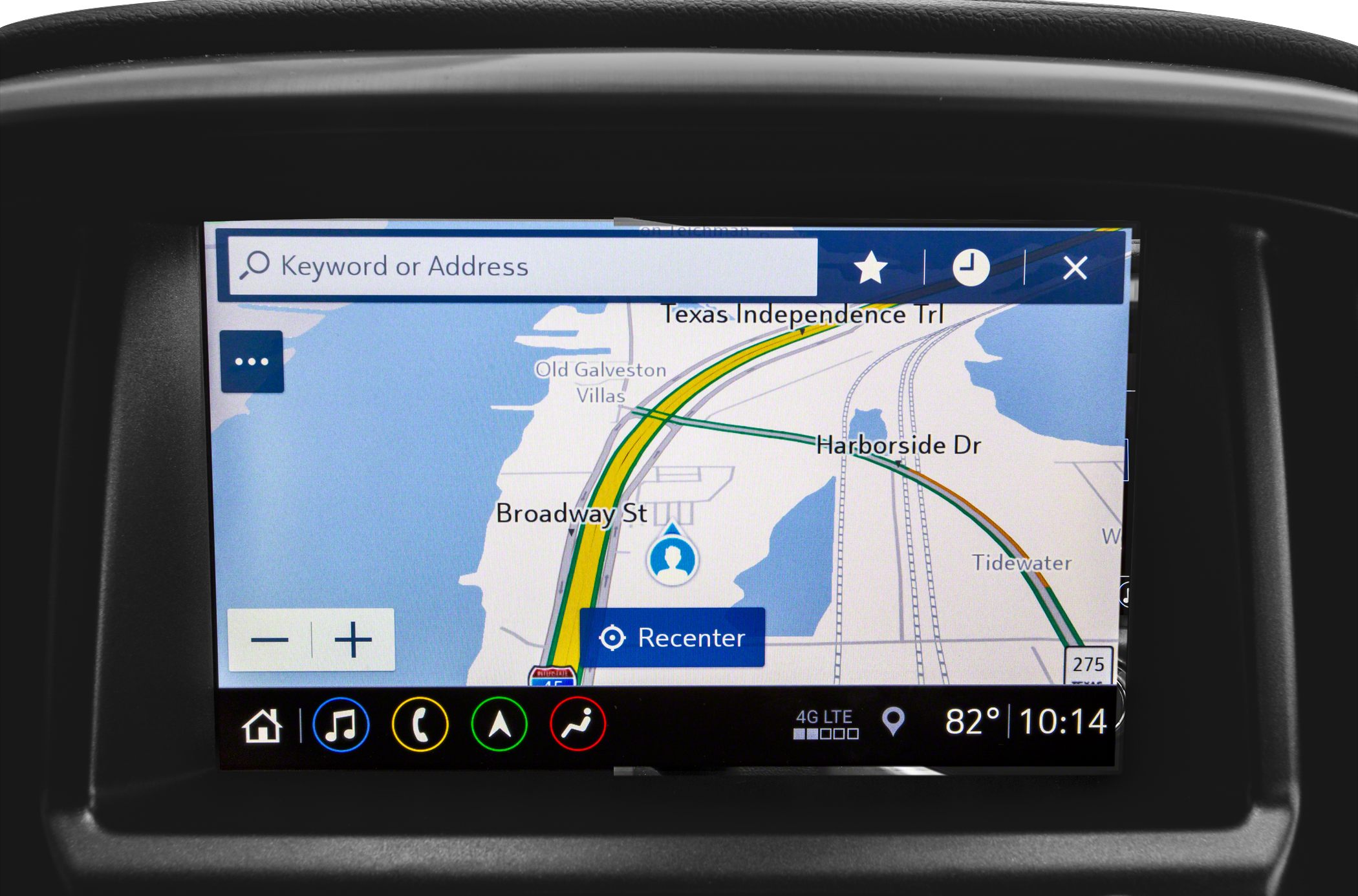 In-car navigation system with interactive touchscreen and route map.