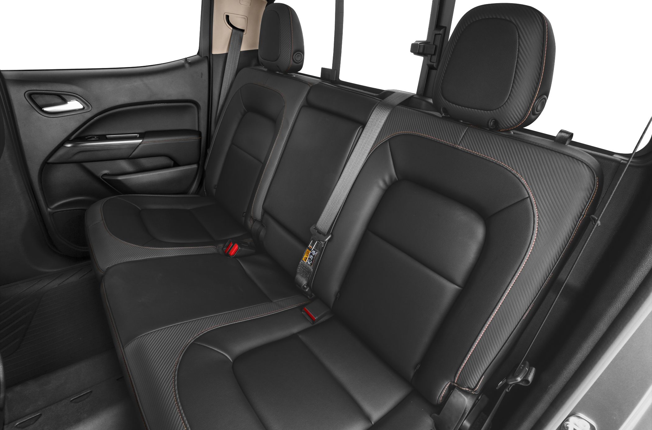 Rear seat interior with black upholstery and detailed stitching