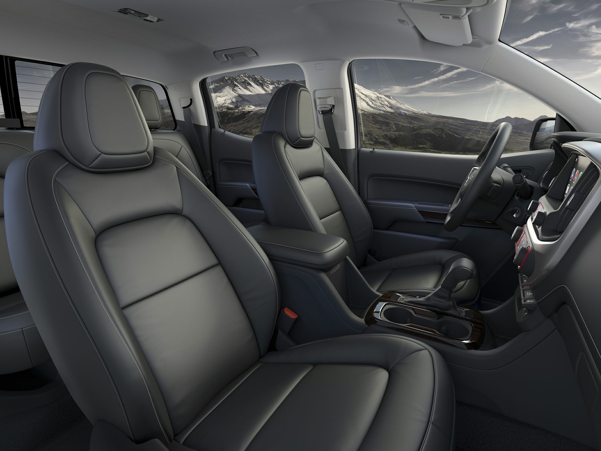 Premium leather seats and modern center console in spacious crew cab interior