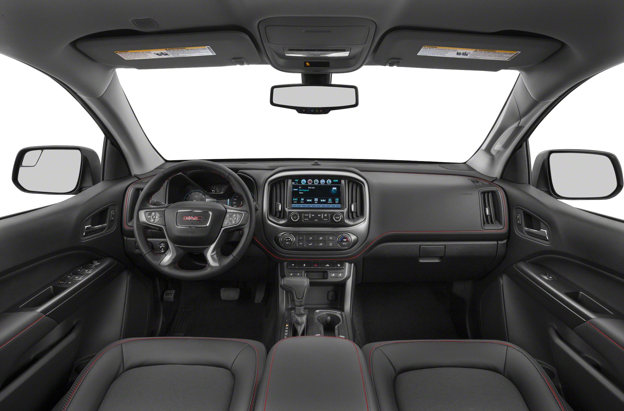 Modern truck interior with infotainment system and leather-trimmed steering wheel