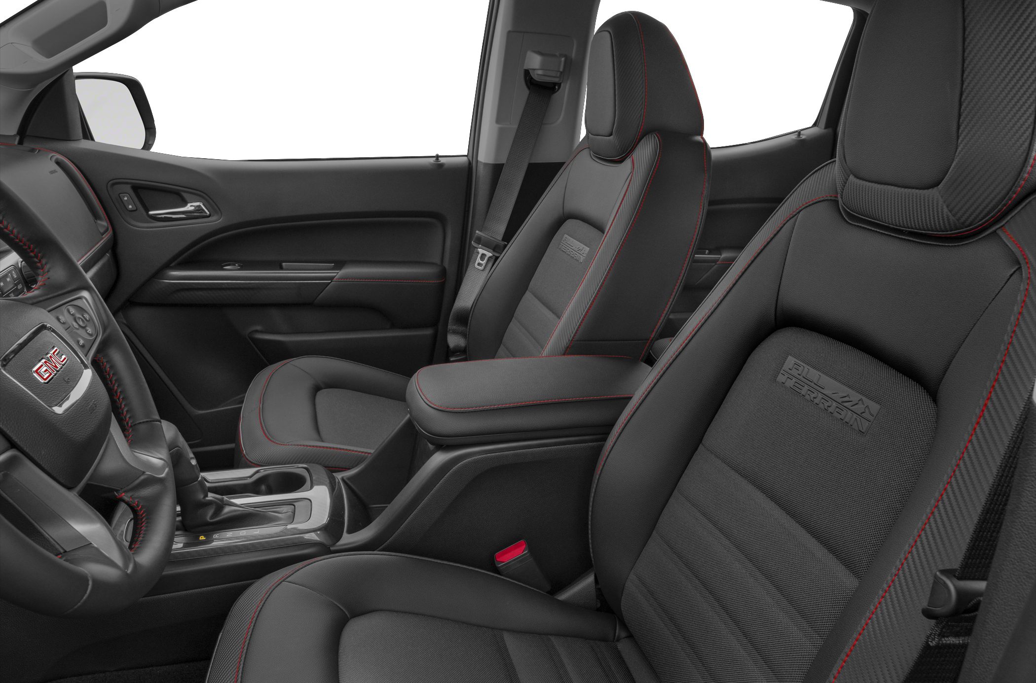 Black All Terrain off-road seats with red stitching in truck interior