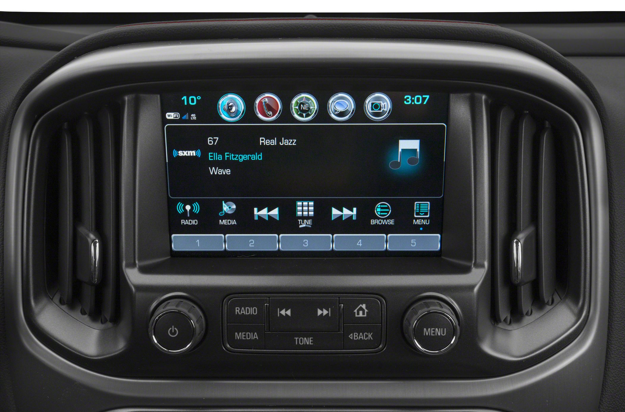 Multimedia touchscreen infotainment system with radio and media controls