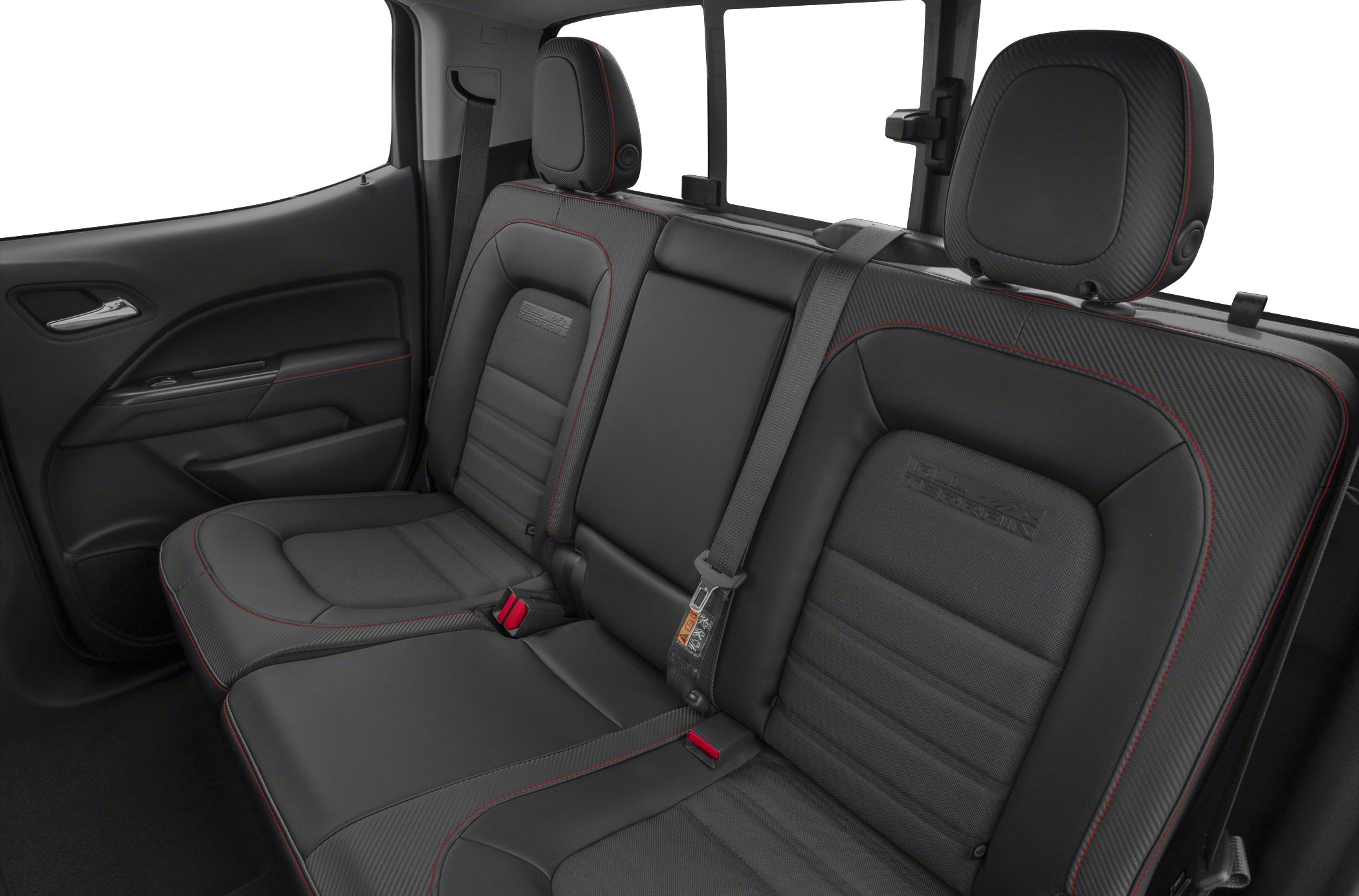 Black leather rear seats with red stitching and seat belts