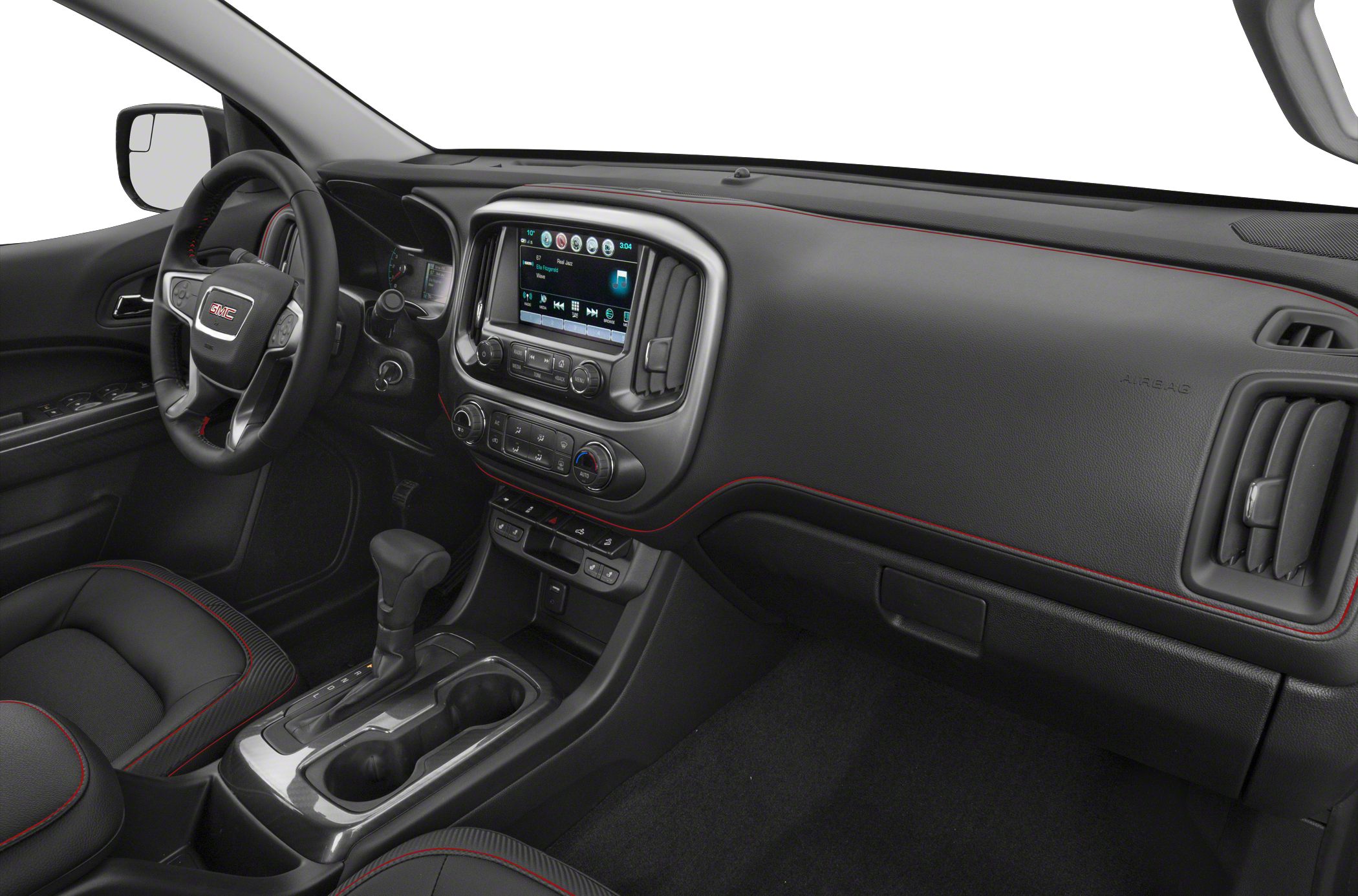 Dashboard and steering wheel with touchscreen and red stitching