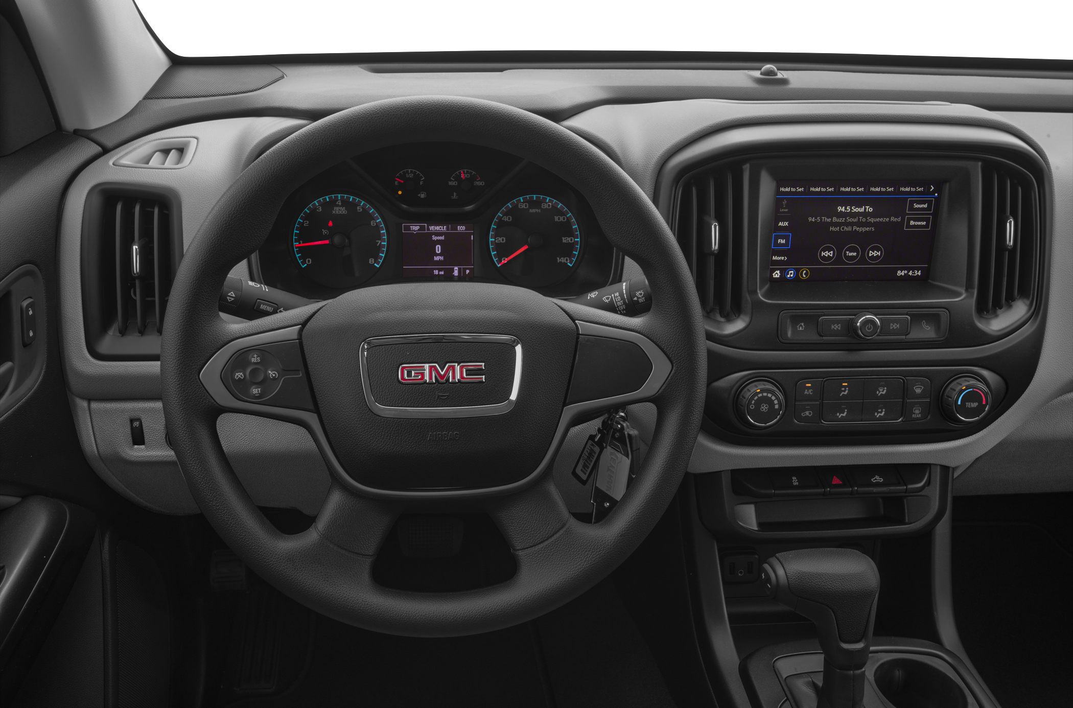 Steering wheel and dashboard with digital display and infotainment screen