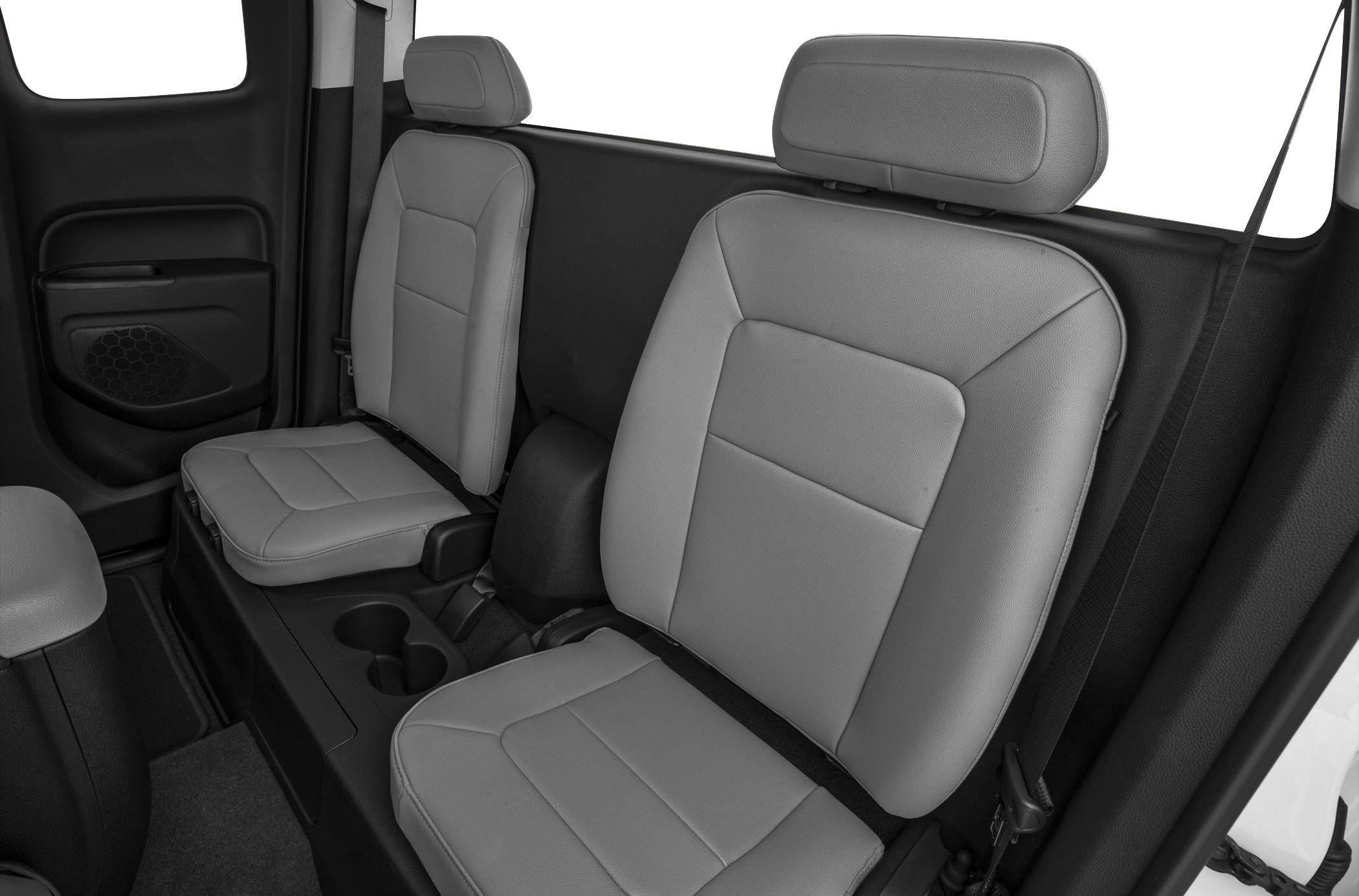 Gray upholstery rear seats in extended cab truck interior