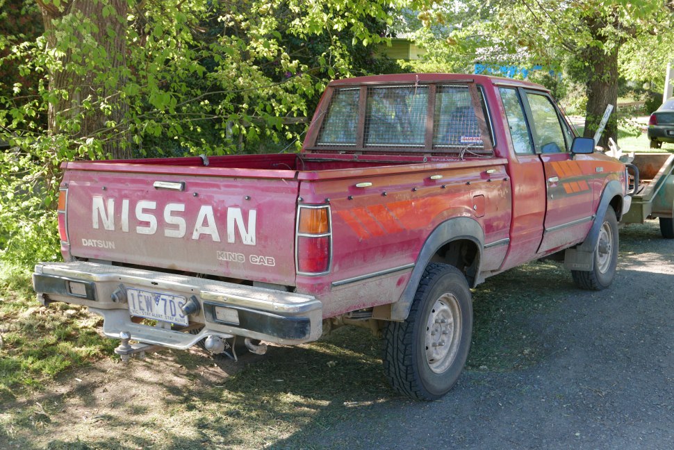 Red pickup truck rear bed and tailgate with visible license plate and side body.