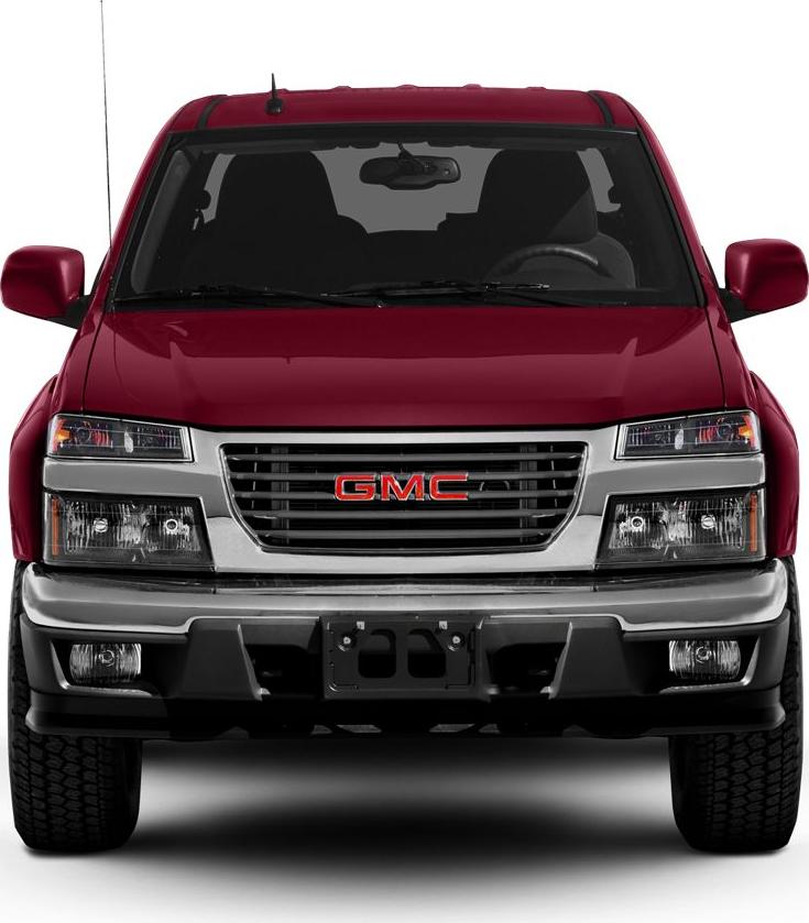 Front view of a pickup truck with distinct grille and headlights