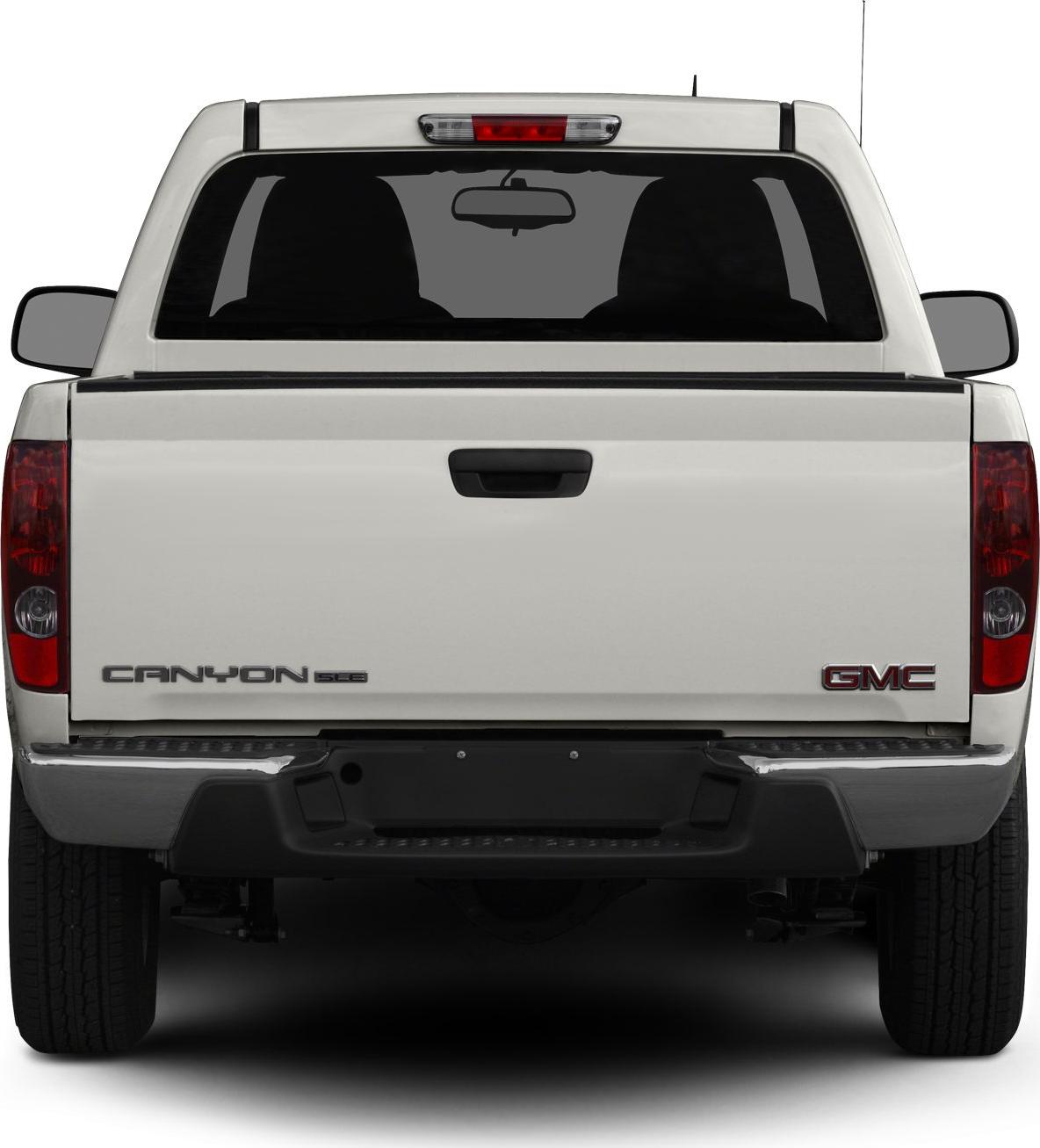 Rear view of pickup truck tailgate, taillights, and rear window