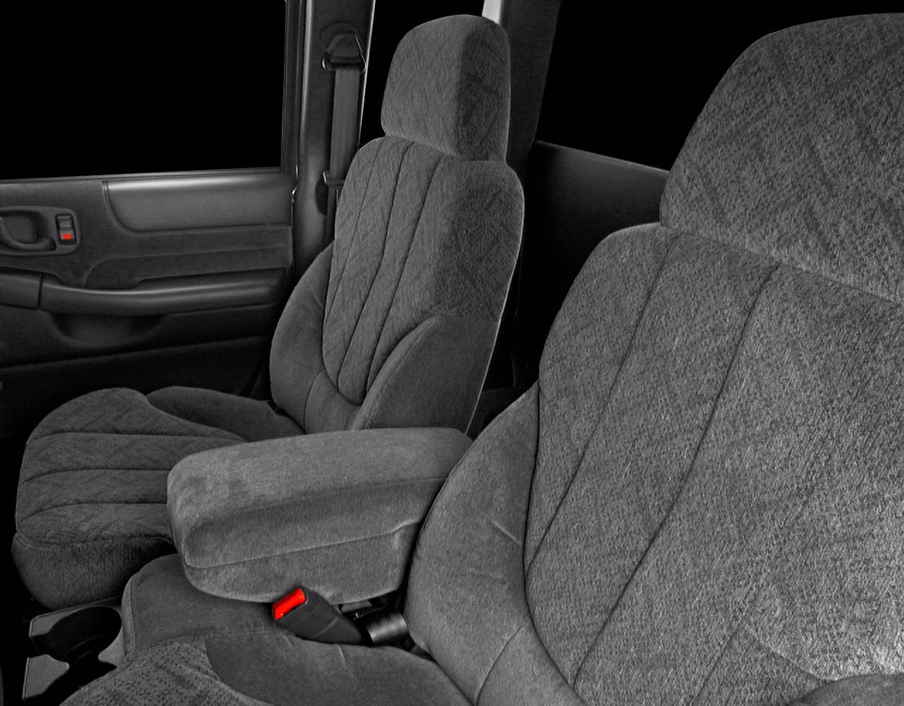 Soft fabric seats and interior door panel with armrest