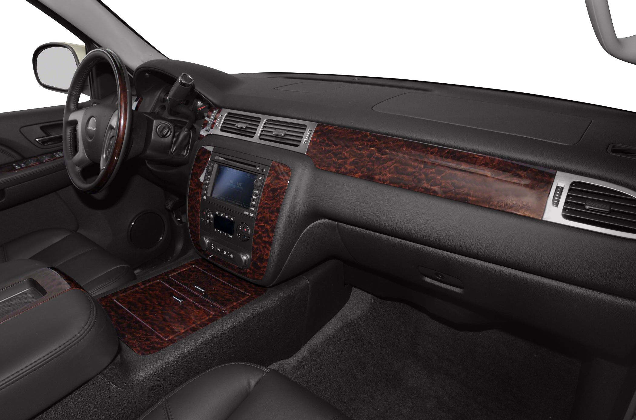 Luxury vehicle dashboard with wood trim, infotainment, and modern controls