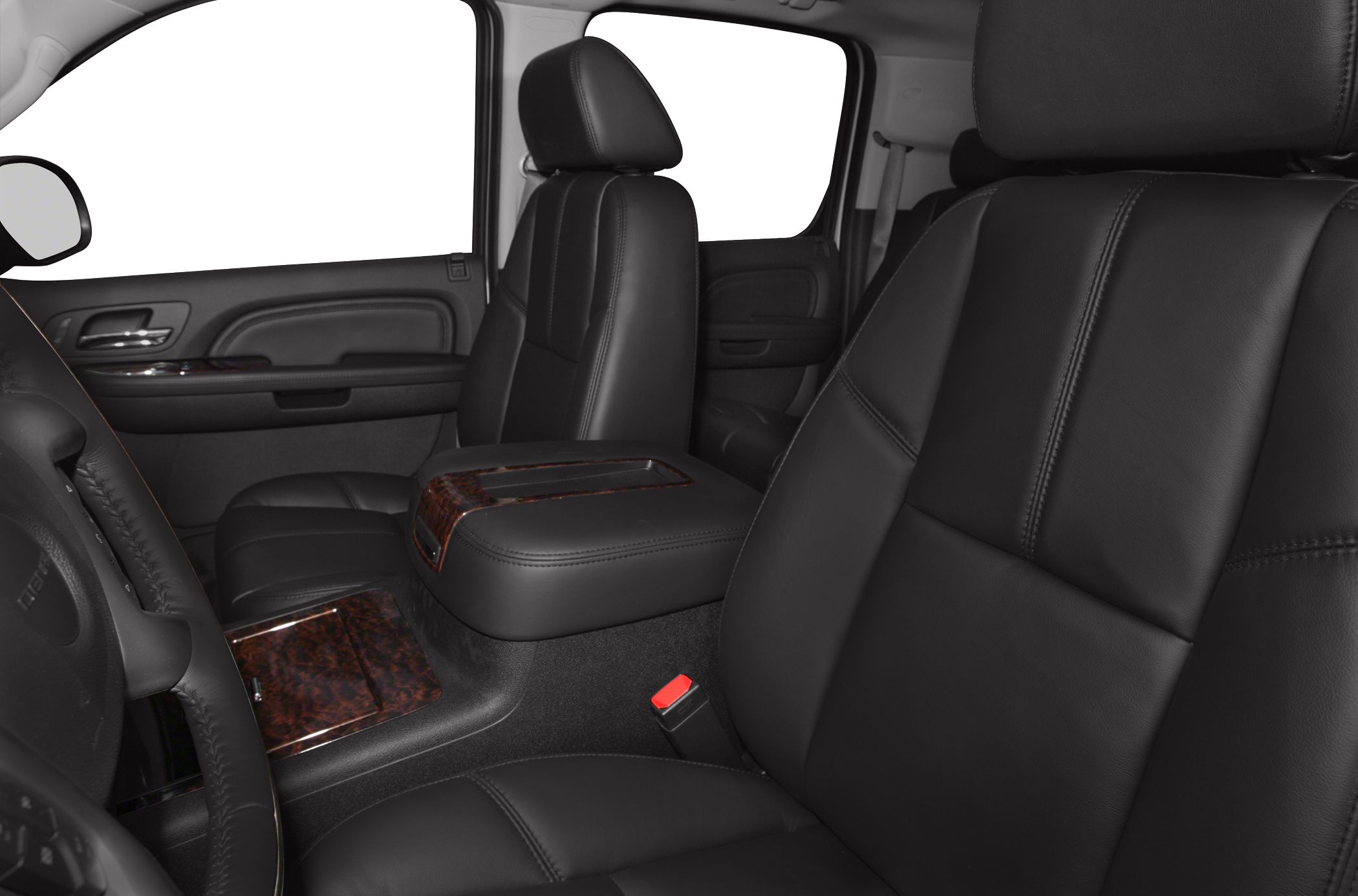 Black leather seats with wood trim, premium SUV front interior