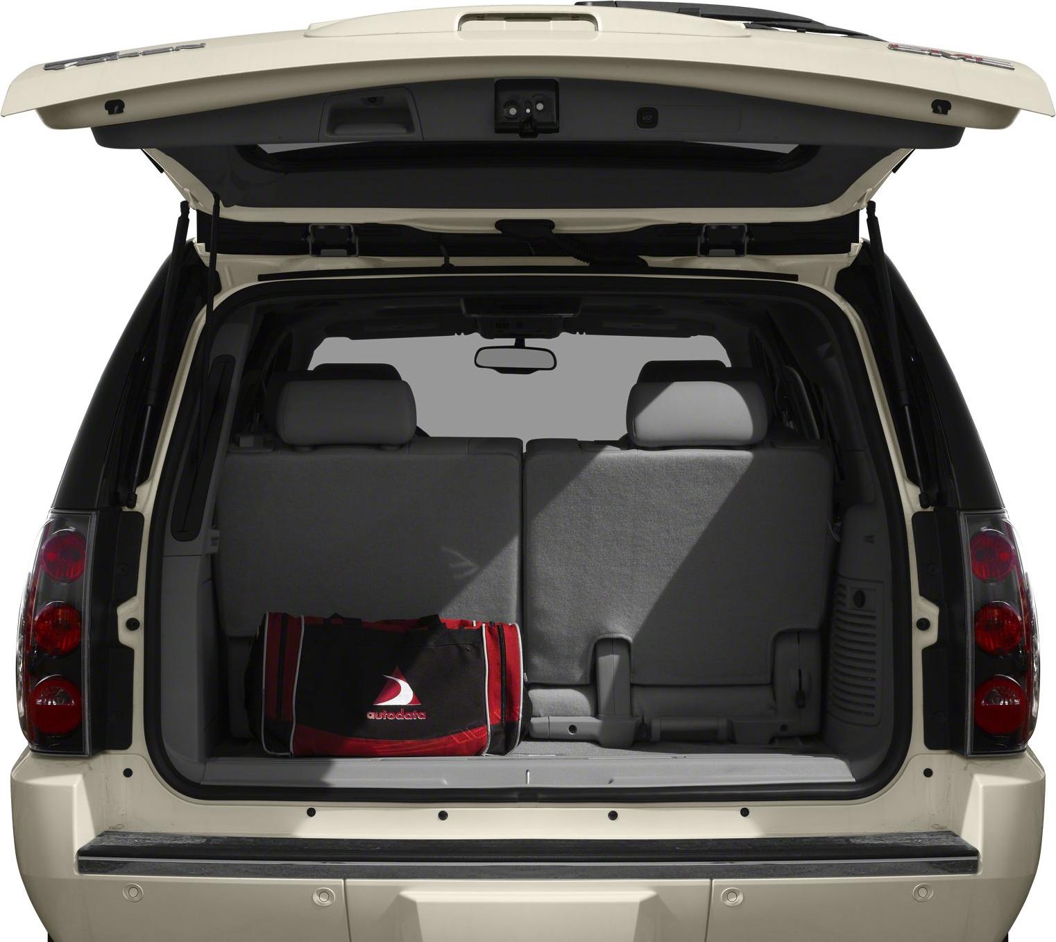 Spacious rear cargo area with rear hatch open and folded seats