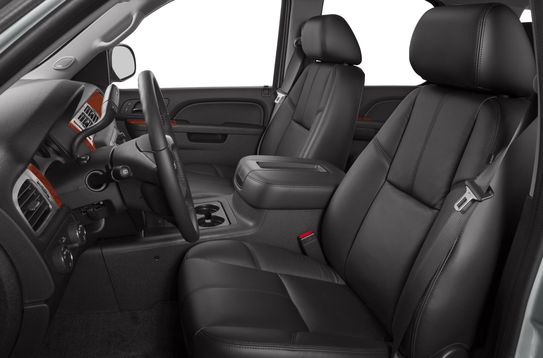 Black leather front seats and center console with dashboard view