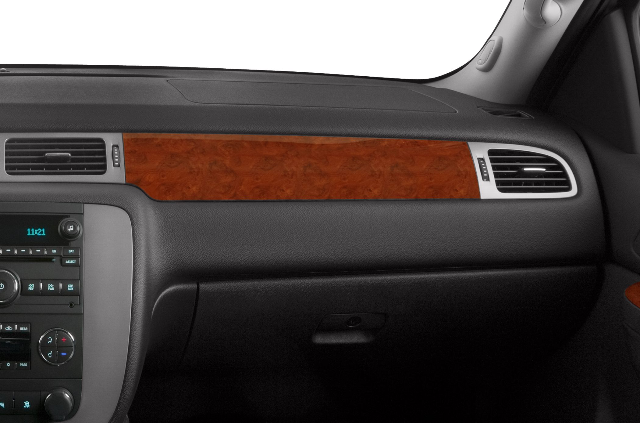 Wood trim dashboard with air vents and control panel