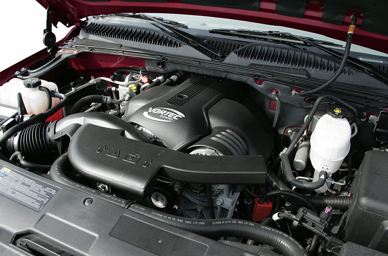 Vortec 6000 engine under hood with detailed components in engine bay