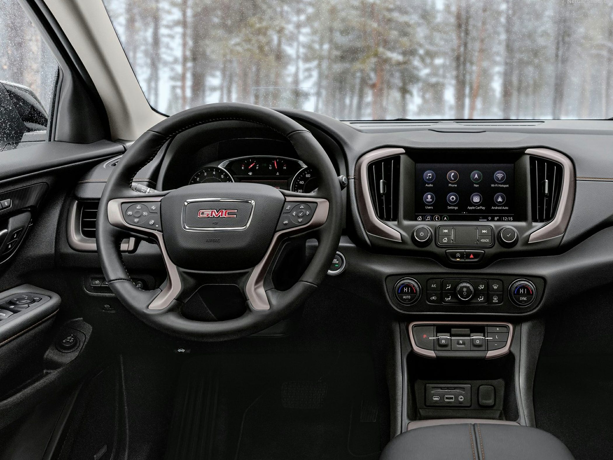 Dashboard with infotainment screen and multifunction steering wheel