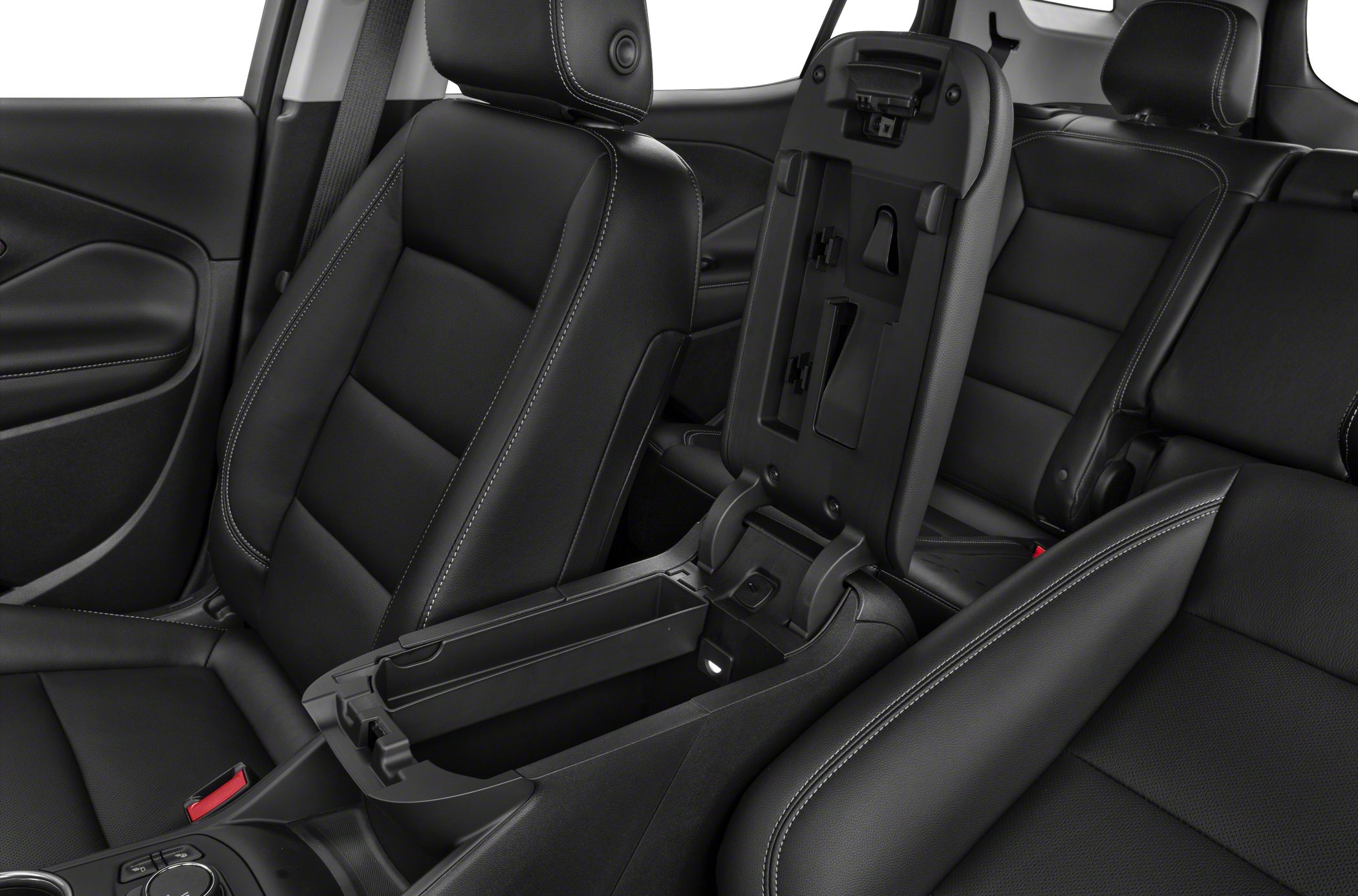 Interior center console storage with black leather seats and contrast stitching