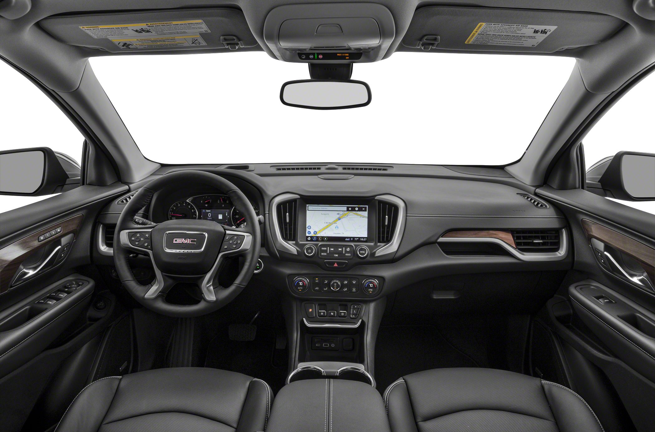 Dashboard, steering wheel, infotainment system, dual-zone climate controls interior